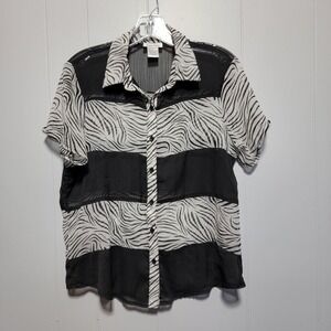 dizzy lizzy Womens Sheer Zebra Stripe‎ Button Up Shirt Blouse Top L